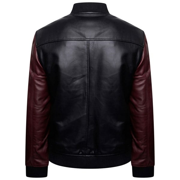Barneys Originals Men's Real Leather Varsity Jacket in Black and Maroon