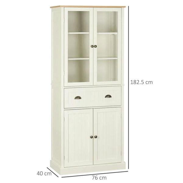 Cream white cabinet with glass doors and paneled lower doors, 182.5 cm tall
