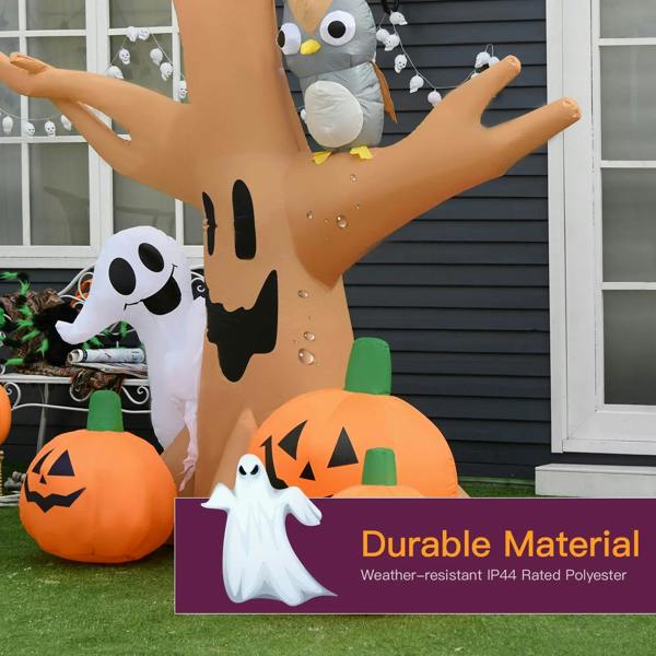 Inflatable Halloween ghost owl tree with pumpkins on outdoor lawn, durable weatherproof material
