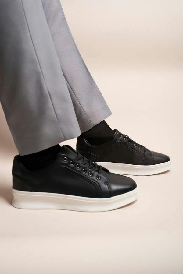 Noah Low Top Faux Leather Lace Up Trainers For Men - Black