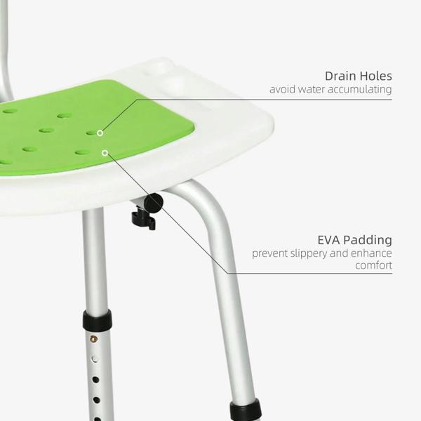 Perforated green shower stool seat with drain holes, EVA padding on the frame.