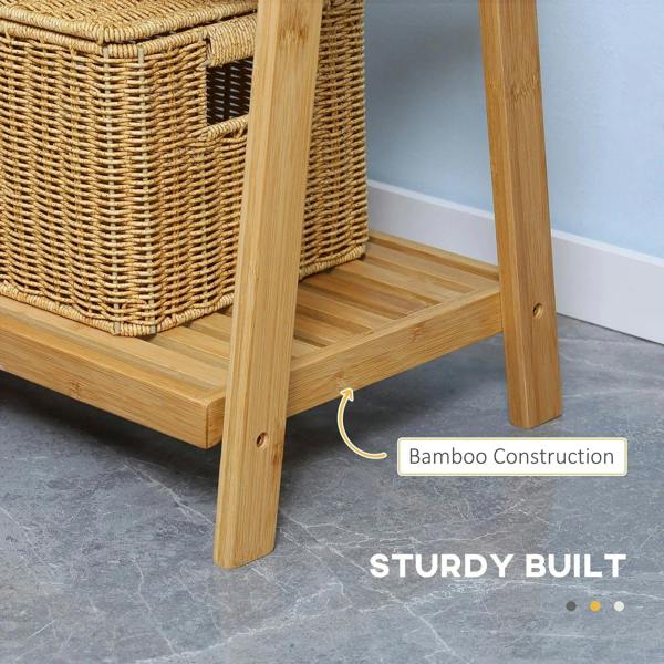 Bamboo towel rack base with sturdy legs and slatted shelves, natural wood
