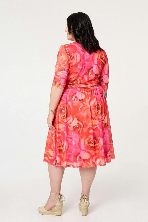 Orange | Curve Floral Mesh Midi Faux Wrap Dress