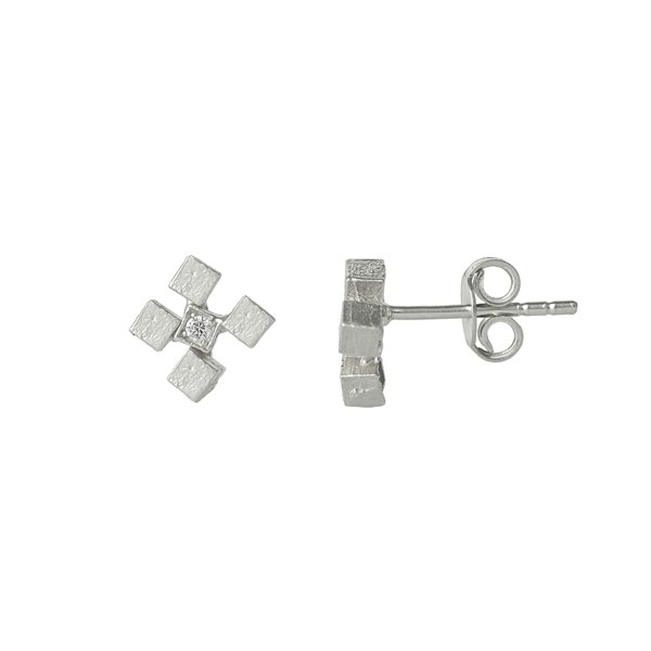 Spero London Four Cube Blocks Natural Textured Sterling Silver Authentic Stud Earrings