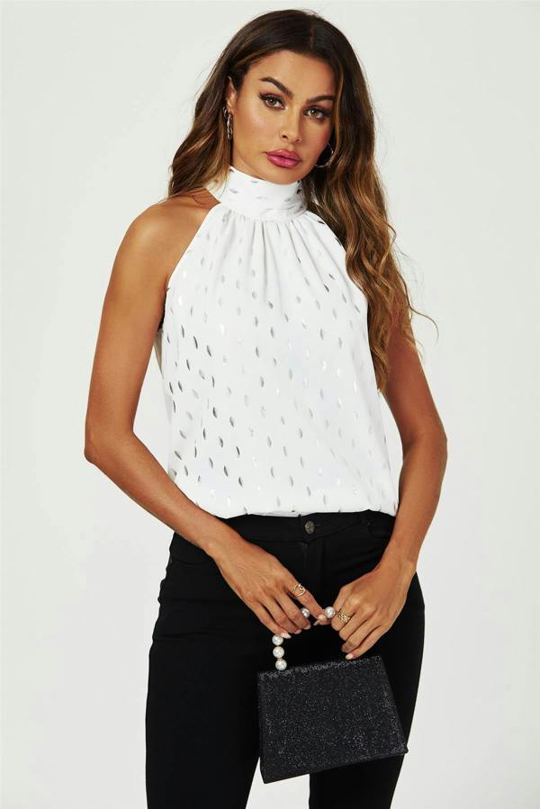 FS Collection Silver Foil Halter Neck Tie Back Top In White
