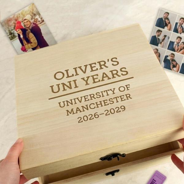 Personalised wooden university keepsake box engraved with custom name and university details