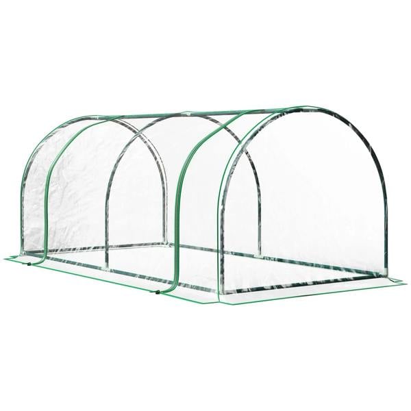 Tunnel greenhouse with green steel frame and clear PVC cover, arched ends and open base
