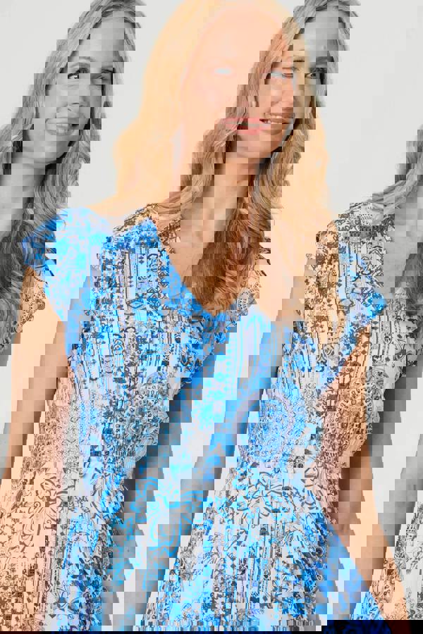 Blue | Abstract Printed Lace Trim Midi Dress