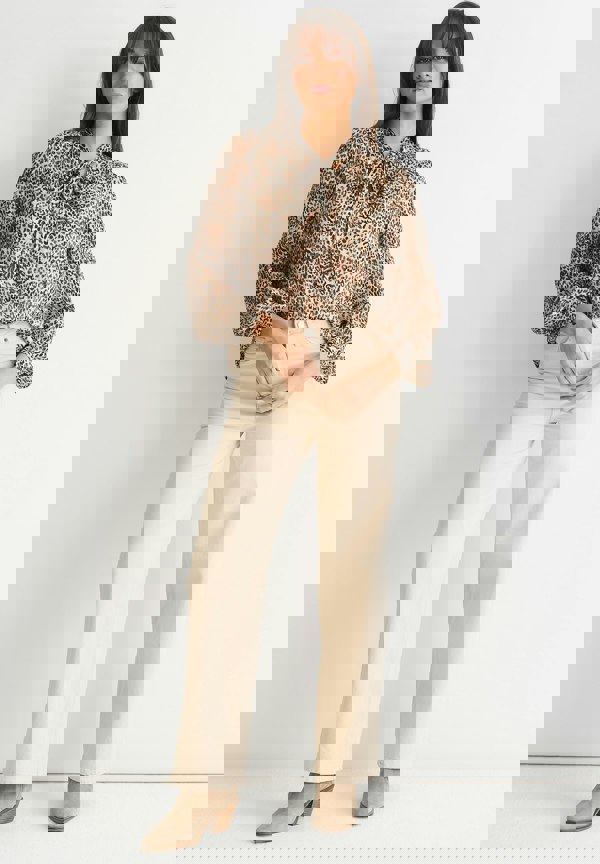 Gini London Brown Animal Print Long SLeeves Tie Neck Blouse