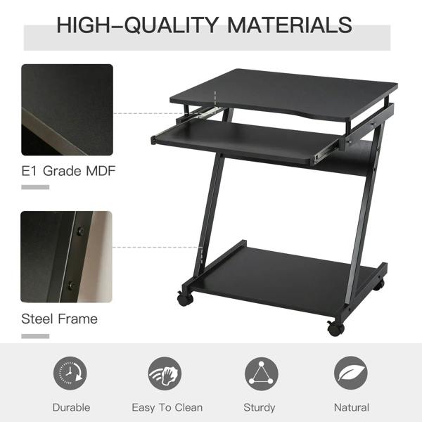 Black desk made of MDF top and steel frame with rolling casters