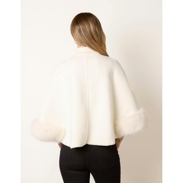 Blue Vanilla Cape Coat With Gold Button And Faux Fur Trim