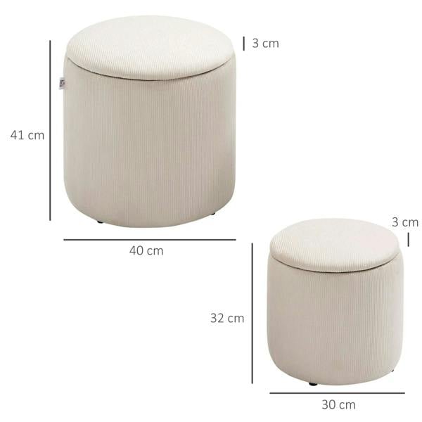 Cream white round ottoman with removable lid; size diagram for height and base dimensions.