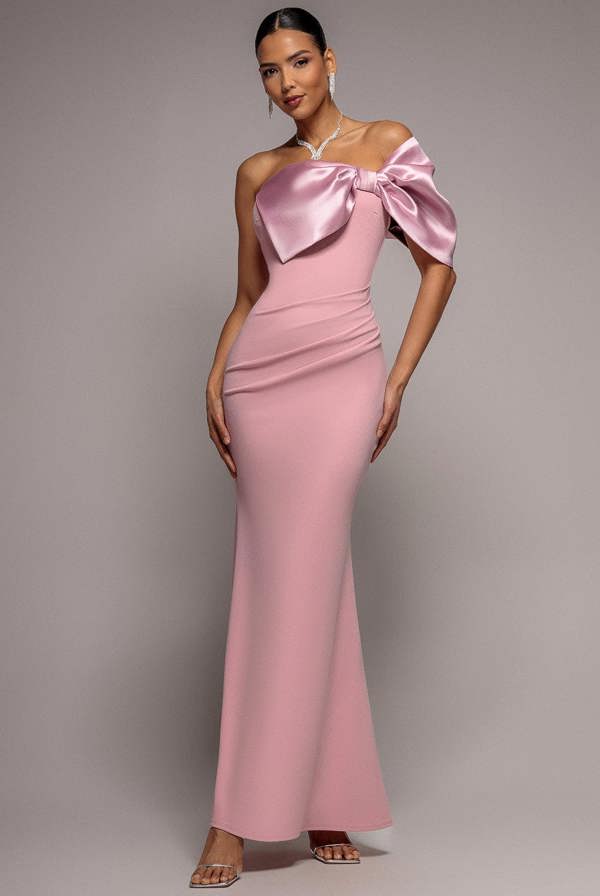 Off The Shoulder Satin Bow Neck Maxi Dress - Blush Pink DR5073