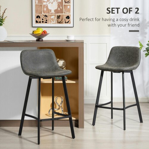Wyld Haus Nora Set Of 2 Grey Faux Leather Dining Bar Stools With Back And Foot Support