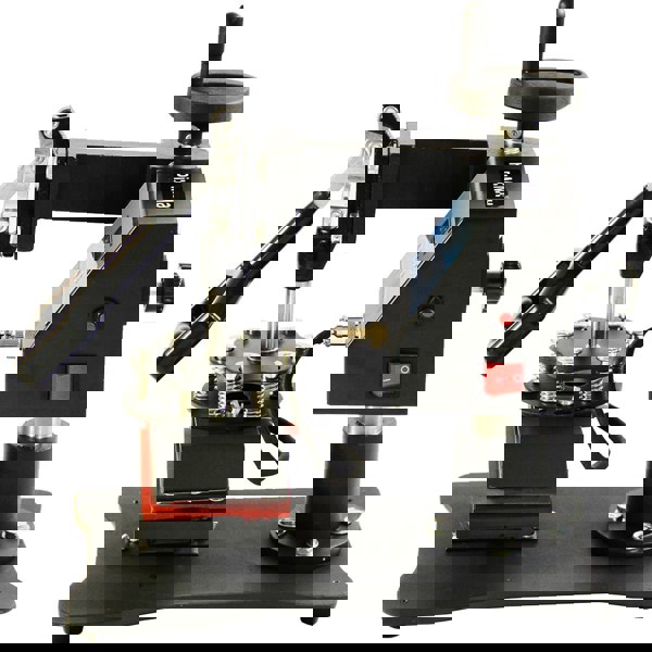 Sublimation cap heat press machine with a sturdy black base, adjustable handle, and digital control panel for precise temperature settings