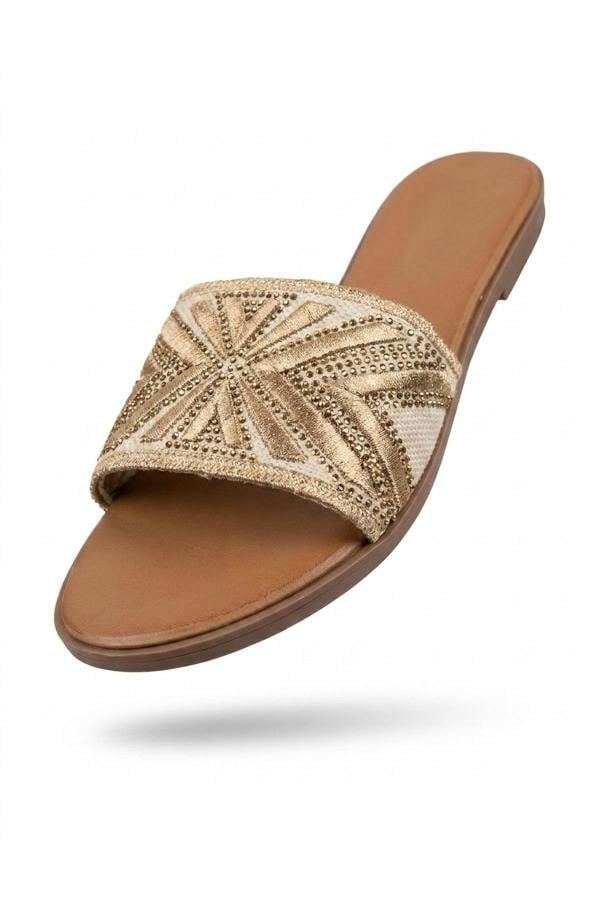 Octavia Geometric Woven Strap Sliders - Gold