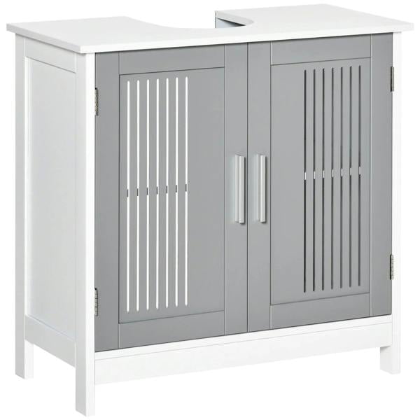 Grey under-sink cabinet with two slatted doors and vertical center handle.
