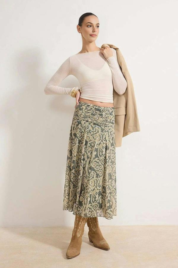 WOVCOR Maxi Gathered Boho Chic Printed Tulle Stretch Knit Skirt