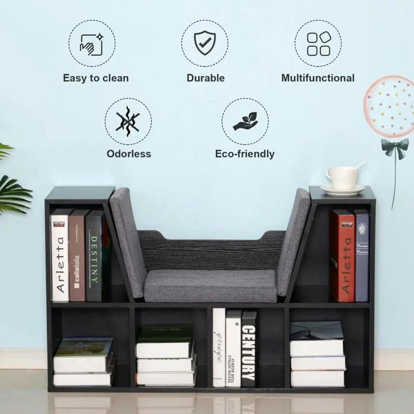 Black cube storage shelf with gray cushioned seat and open cubby storage
