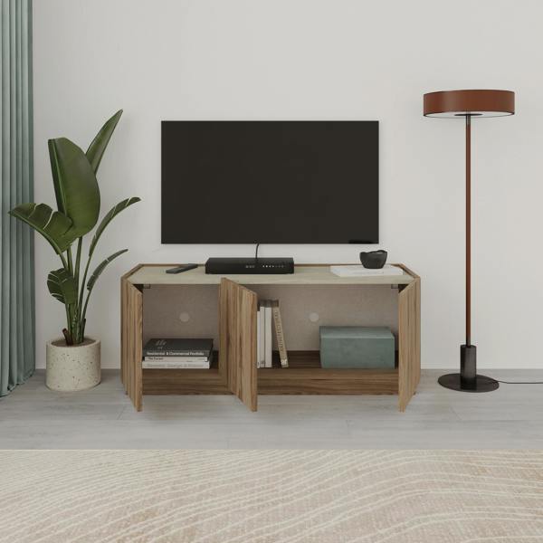 Decortie 120cm TV Stand Unit, 3 Soft-Close Doors TV Storage Cabinet Up to 50' TVs Modern Design Non Handle, Whiskey Oak,Travertine
