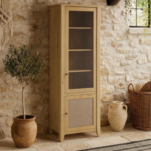 Wyld Haus Monza Tall Natural Oak Wood and Rattan 2 Door Display Cabinet