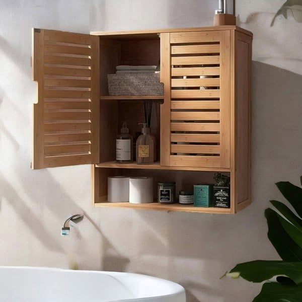 BMBO Wooden Bathroom Wall Storage Cabinet Organiser Natural Brown