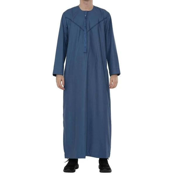 HM10 - Men's Emirati Omani Zipped Embroidery Thobe - Blue - Thobez - 36