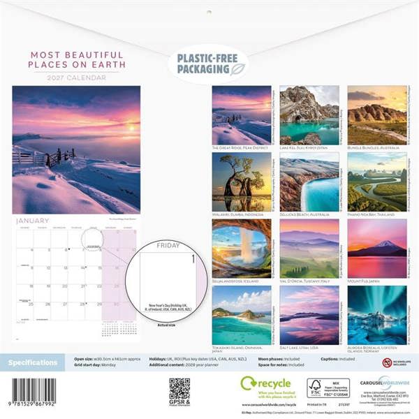 Most Beautiful Places On Earth Calendar 2027, Wall Calendars, Month To View, Travel, Gift