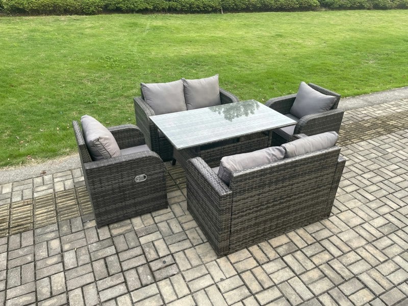 Fimous 6 Seater Lounge Rattan Sofa Set Outdoor Garden Furniture Oblong Rectangular Dining Table With Chairs Love Sofa Dark Grey Mixed