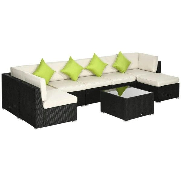 8 Pieces PE Rattan Corner Sofa Set, Patio Wicker Sofa Seater with Cushion, Washable Cushion Cover & Tempered Glass Table, Khaki