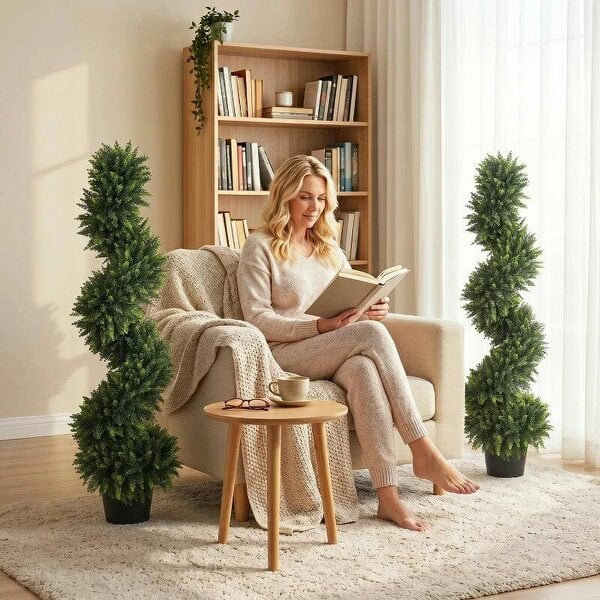 Decorative Artificial Plants Set of 2, UV Resistant Fake Plants in Pot for Indoor Outdoor Decor, 120 cm, Deep Green