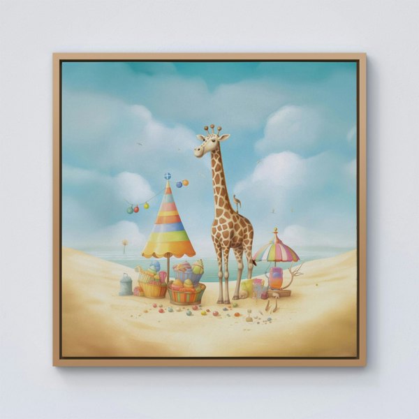 Warren Reed Giraffe On A Beach Holiday Framed Canvas