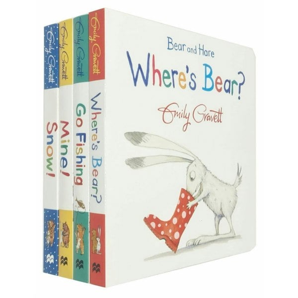 Bear and Hare 4 Book Set By Emily Gravett Bear and Hare Mine!, Where&#39;s Bear?, Go Fishing, Snow!