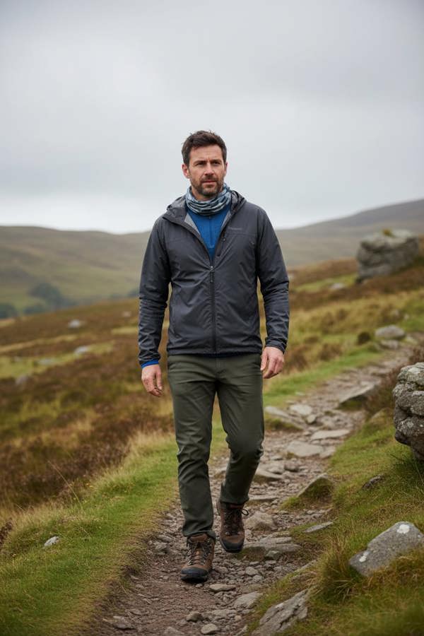 Arctic Grey Geometric RUFFNEK Neck Gaiter worn by a man walking in the Lake District