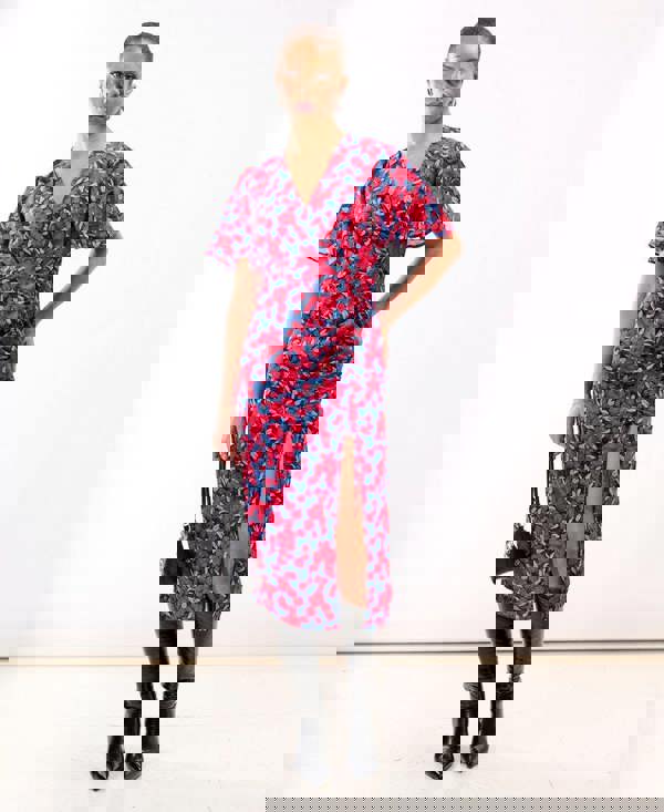 Red Floral Wrap Midi Dress