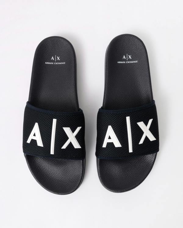 Armani Exchange Mesh A|X Logo Sliders - Deep Navy/Off White U385 - top view