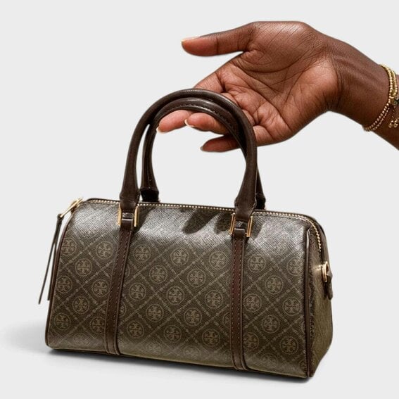 Tory Burch T Monogram Coated Canvas Mini Barrel Bag French Press Brown