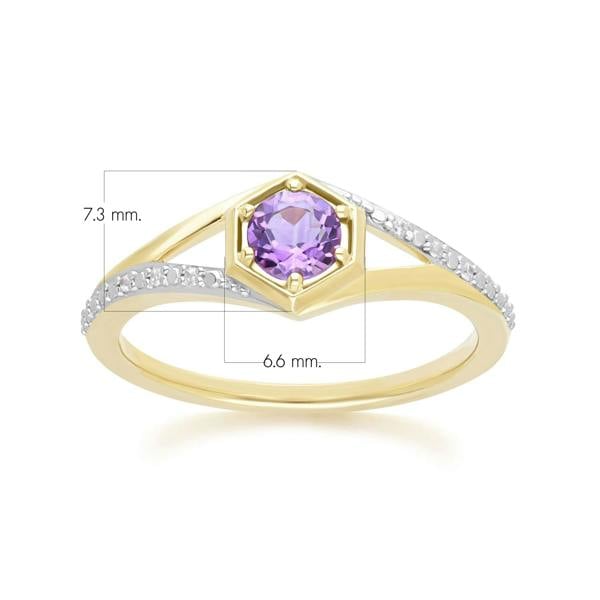 Gemondo Geometric Hexagon with Prong set Round Amethyst and Diamond Ring in 9ct Yellow Gold
