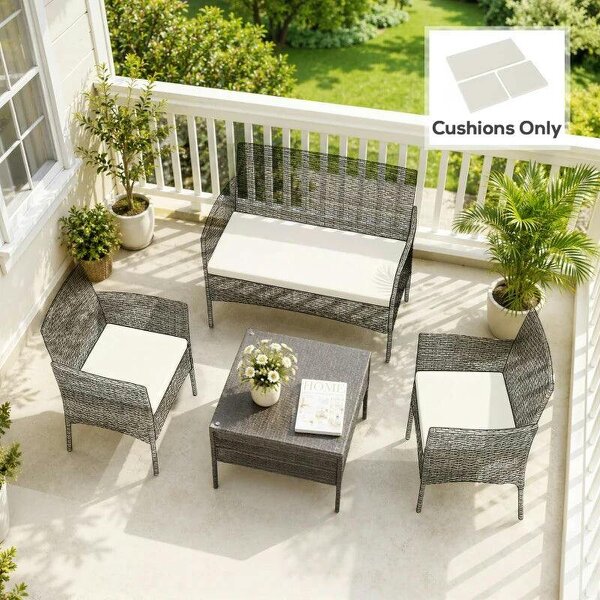 Outdoor Seat Cushion Pads for Rattan Furniture, 3 PCs Garden Furniture Cushions, Cream White