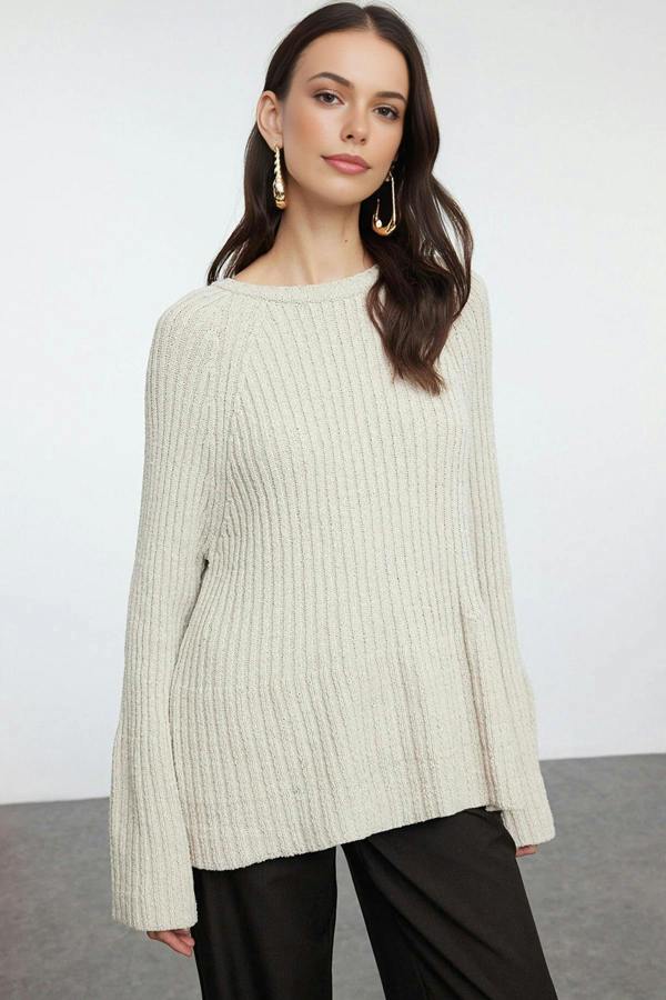WOVCOR Loose Fit Cotton Knit Sweater with Peplum Detail