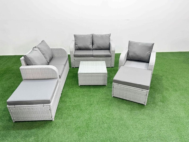 Fimous High Back Rattan Garden Furniture Set with Reclining Chair Loveseat Sofa Square Coffee Table Indoor Outdoor Patio  Set 2 Big Stool Light Grey