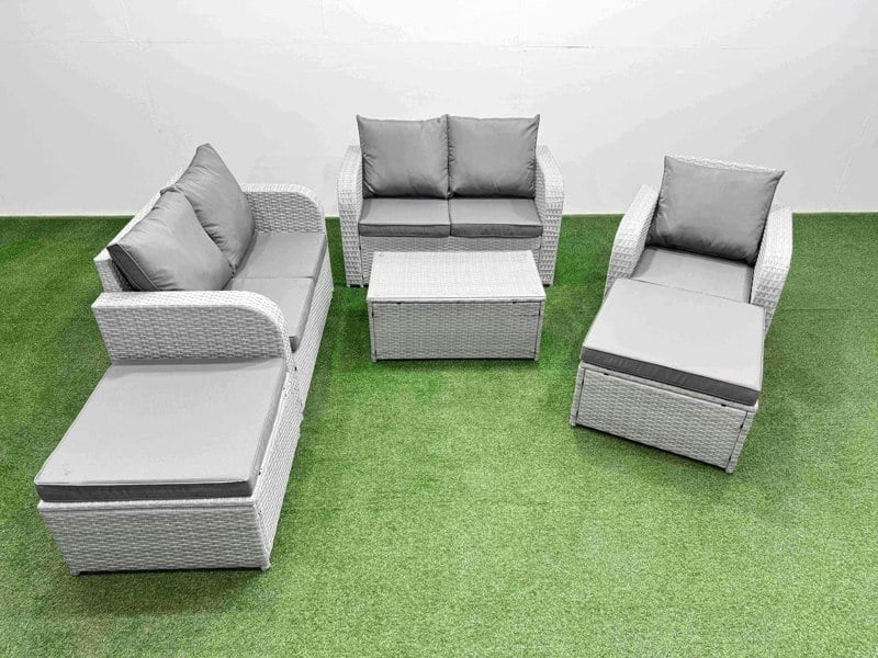 Fimous High Back Poly Rattan Garden Furniture Set - Light Grey Indoor/Outdoor Patio Set with Reclining Chair & Rectangular Coffee Table