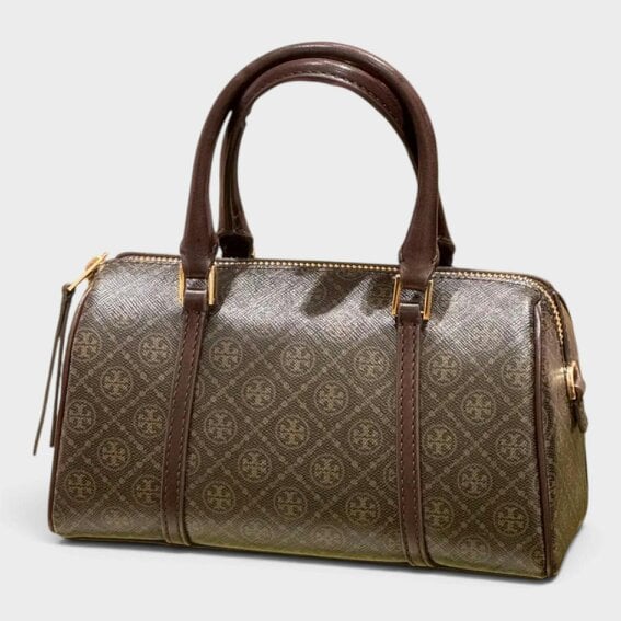Tory Burch T Monogram Coated Canvas Mini Barrel Bag French Press Brown