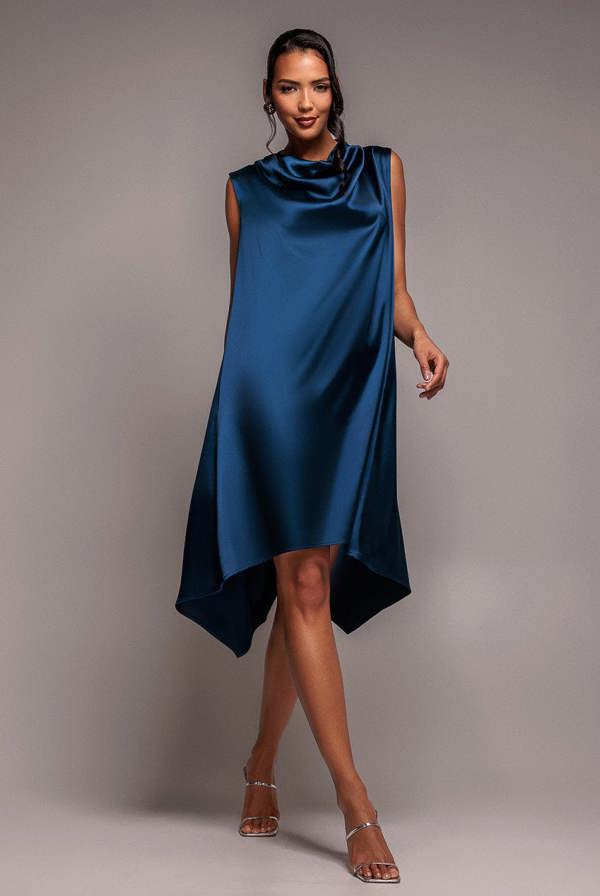 Cowl Neck Back Wing Satin High Low Midi Dress - Navy Blue DR4608