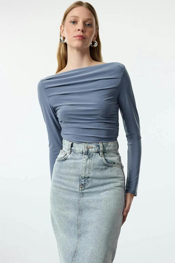 Hoxton Gal Boat Neck Draped Fitted Stretch Knit Blouse