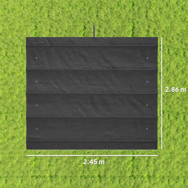 Dark grey retractable pergola cover roof with size markings 2.86 m by 2.45 m