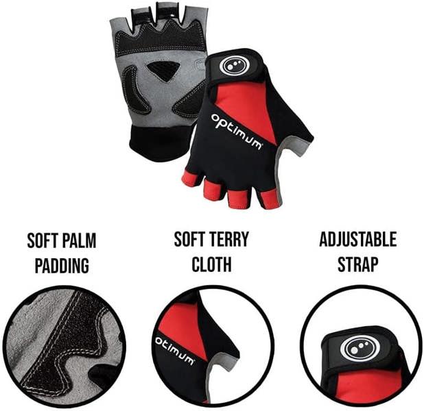Black and red half-finger cycling gloves infographic showing soft palm padding, terry cloth and strap - Optimum