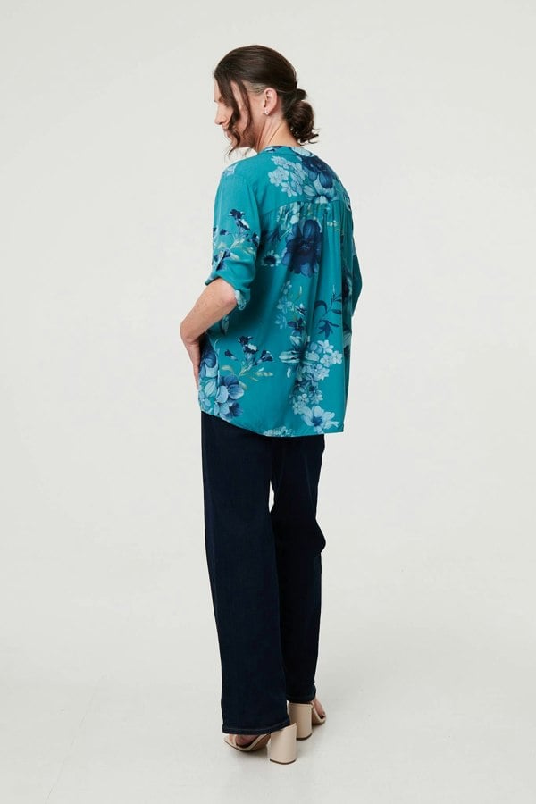 Blue | Floral Sequin Detail 3/4 Sleeve Blouse
