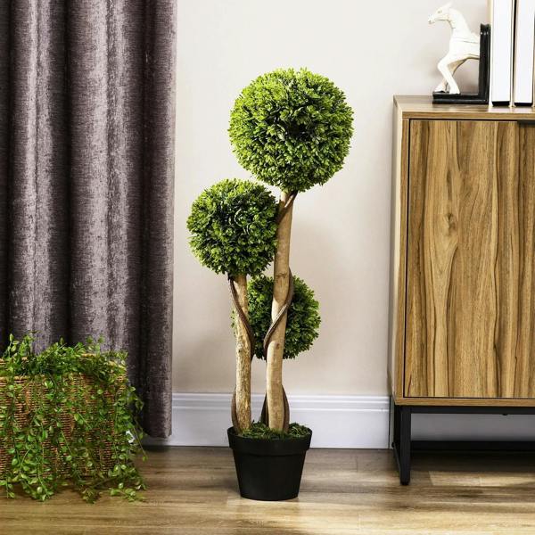 Artificial boxwood ball topiary tree set in black pot with three green sphere tops