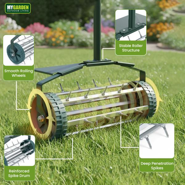 My Garden Outdoor Living My Garden Rolling Lawn Aerator with Handle 1.22M - Grass Spike Aerator Roller Steel Lawn Aerating Tool for Soil Aeration